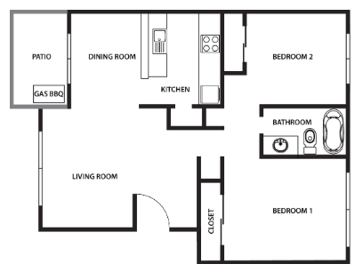 Floor plan for 2 beds, 1 bath, 817 sqft